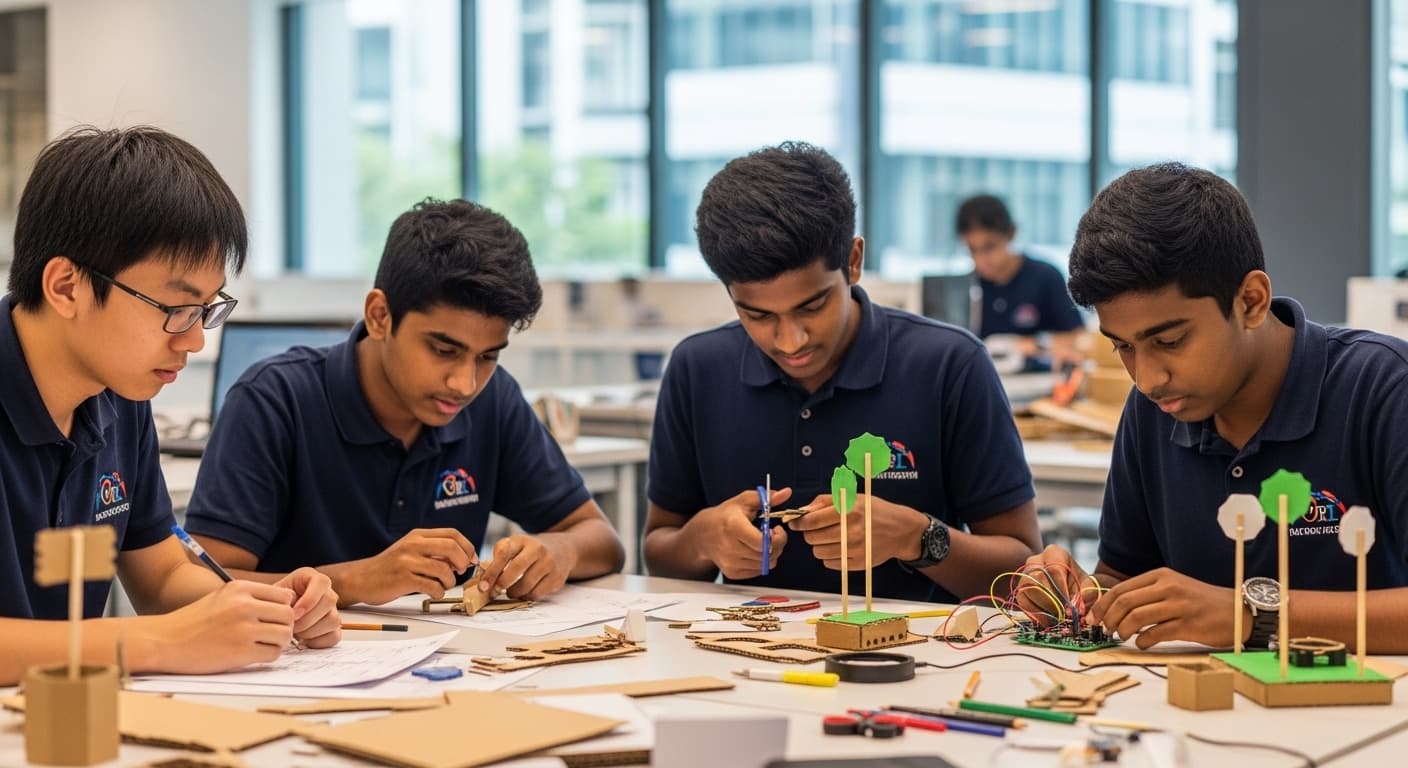 Photograph stimulus: A group of students at a maker space or innovation lab in school.