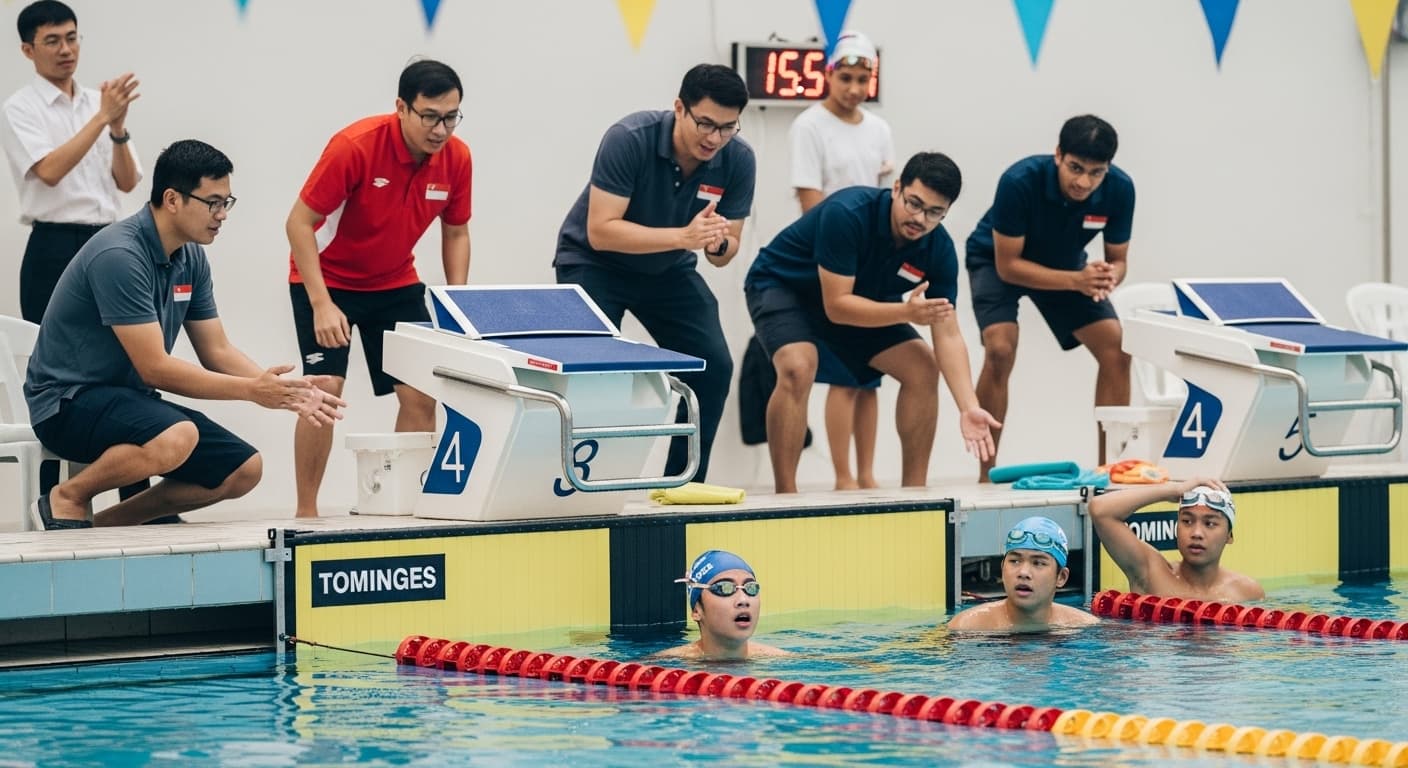 Photograph stimulus: A boy at a school swimming pool during a competition.