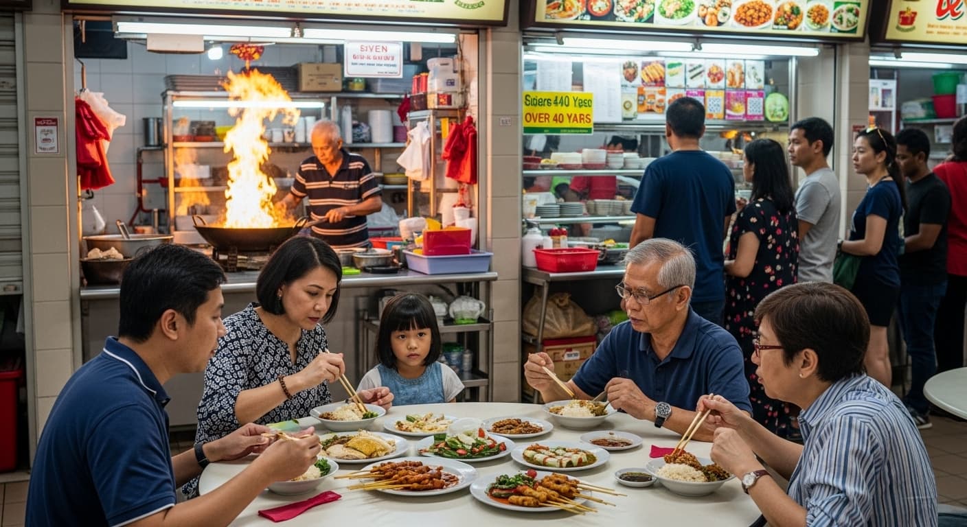 Photograph stimulus: A busy hawker centre in the evening.