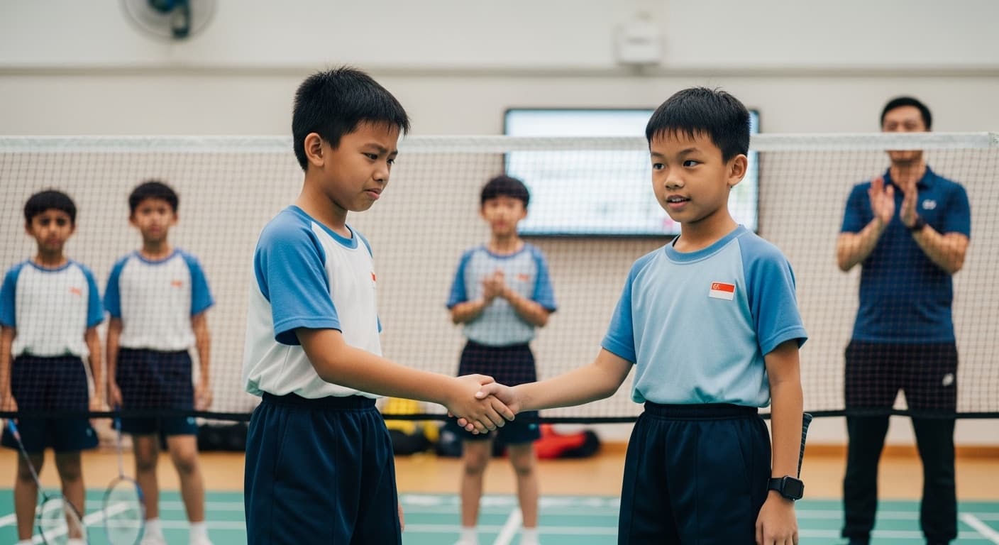 Photograph stimulus: A school badminton court after a match.