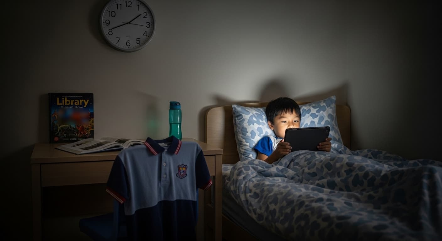 Photograph stimulus: A primary school boy's bedroom late at night.