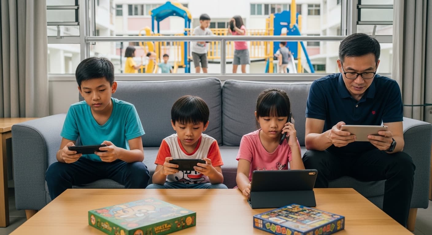 Photograph stimulus: A Singapore HDB living room on a weekend afternoon.