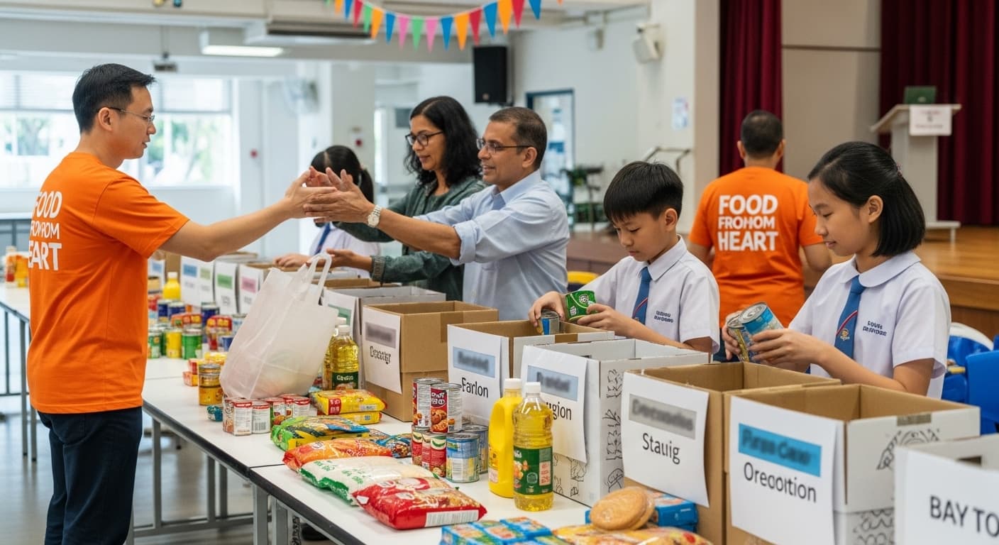 Photograph stimulus: A Singapore primary school hall during a food drive.