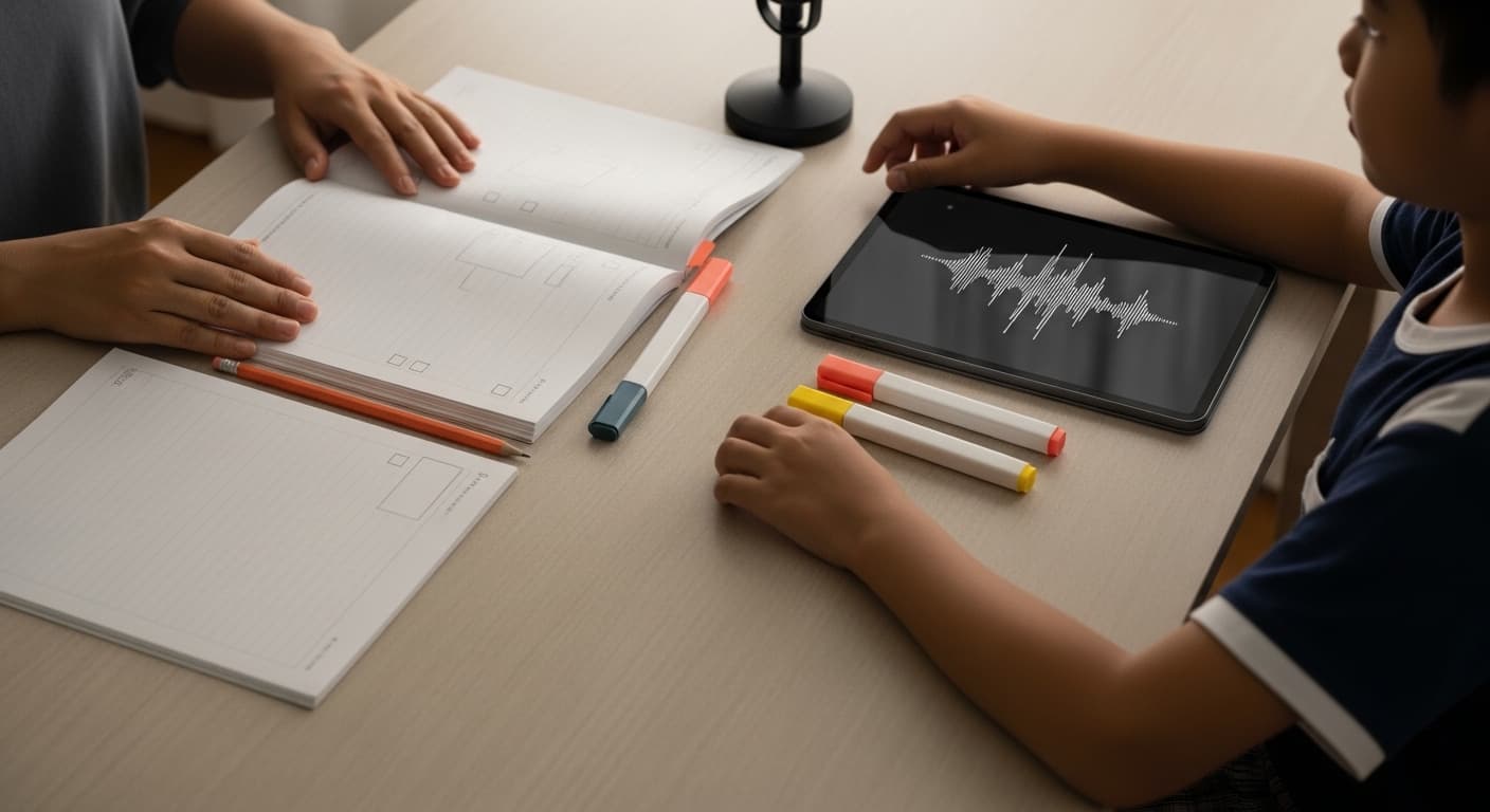 Parent and child reviewing PSLE Oral practice notes with a microphone and audio waveform