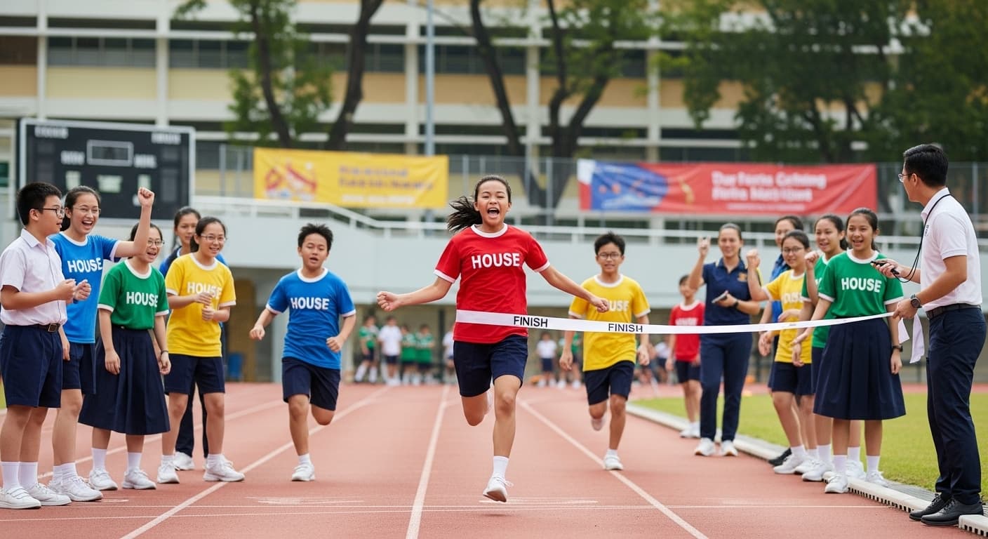 A runner sprints towards the finish line on a tartan track while classmates in house colours cheer from the sidelines. A teacher stands nearby with a stopwatch. Flags and banners in the background.