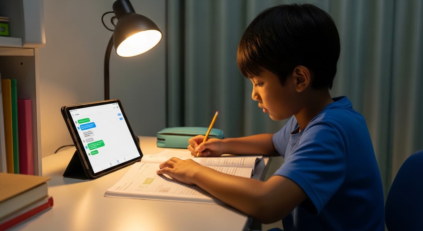 A primary school student sitting at a desk at home, tablet open with a generic assistant-style chat on screen (no readable words), exercise book beside it.
