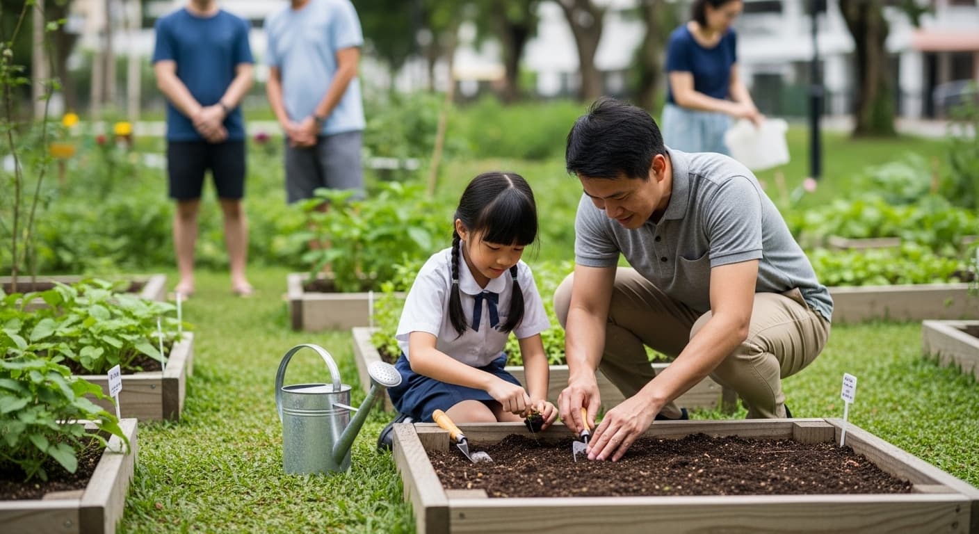 A parent kneeling next to a child, planting a young seedling in a raised garden bed in a public park. Tools and watering cans nearby.