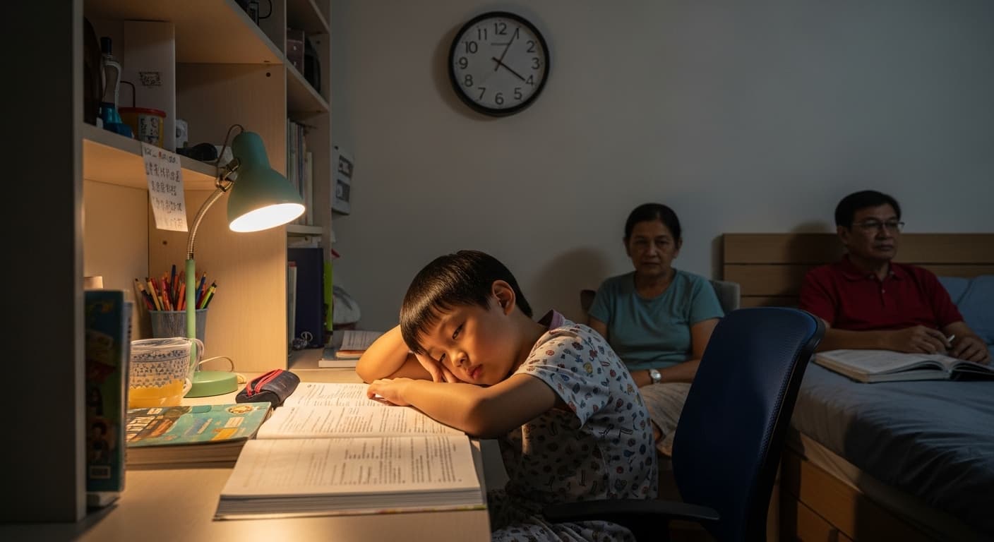 A primary school student at a study desk with books open, eyes half-closed, a clock on the wall showing a late hour.