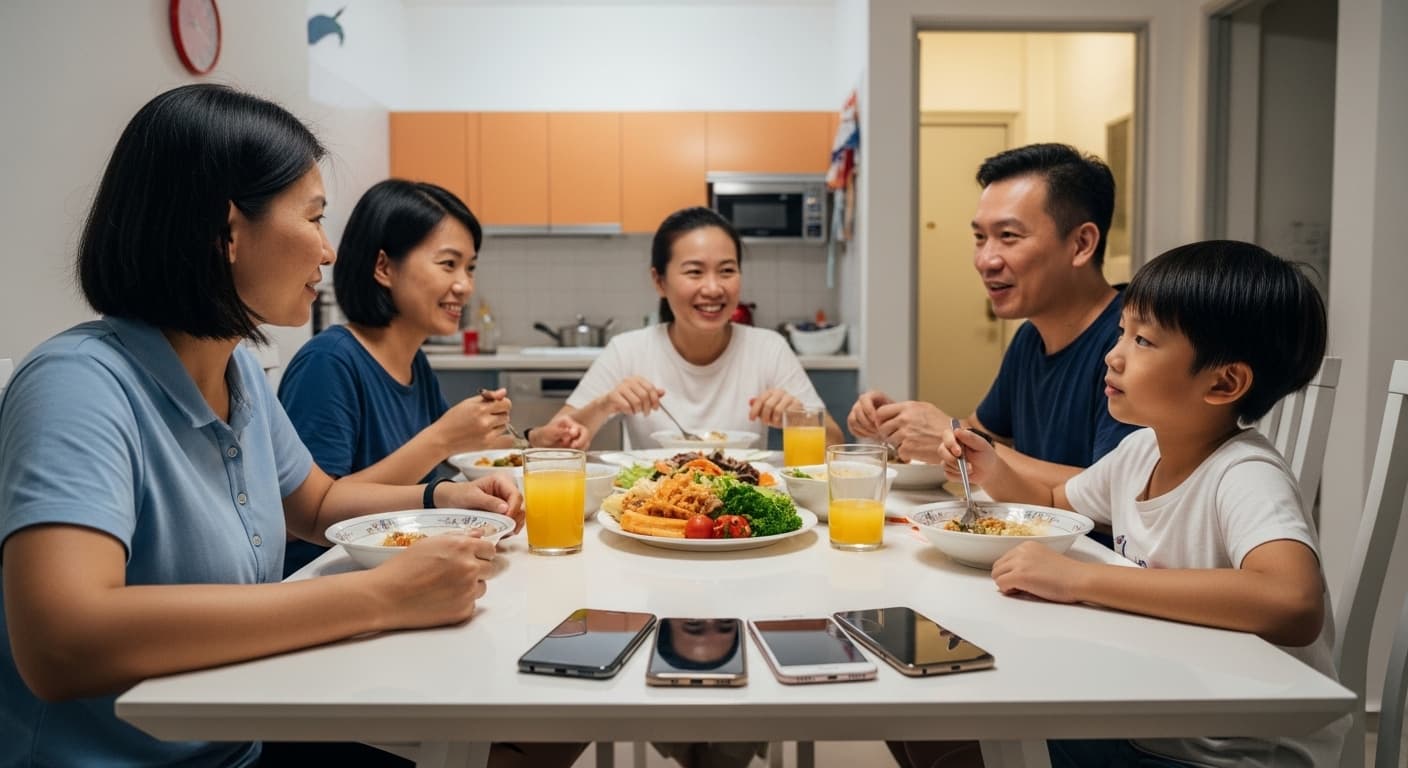 A family of four around a dining table, phones stacked face-down at the centre, dishes between them. Everyone is looking at each other.