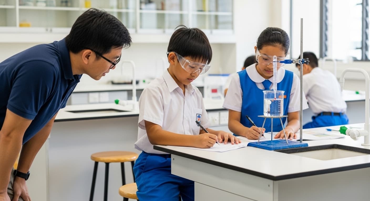 Photograph stimulus: Two students working in a school science laboratory.