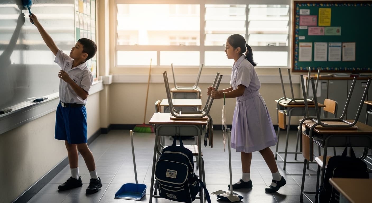 Photograph stimulus: A classroom at the end of the school day.