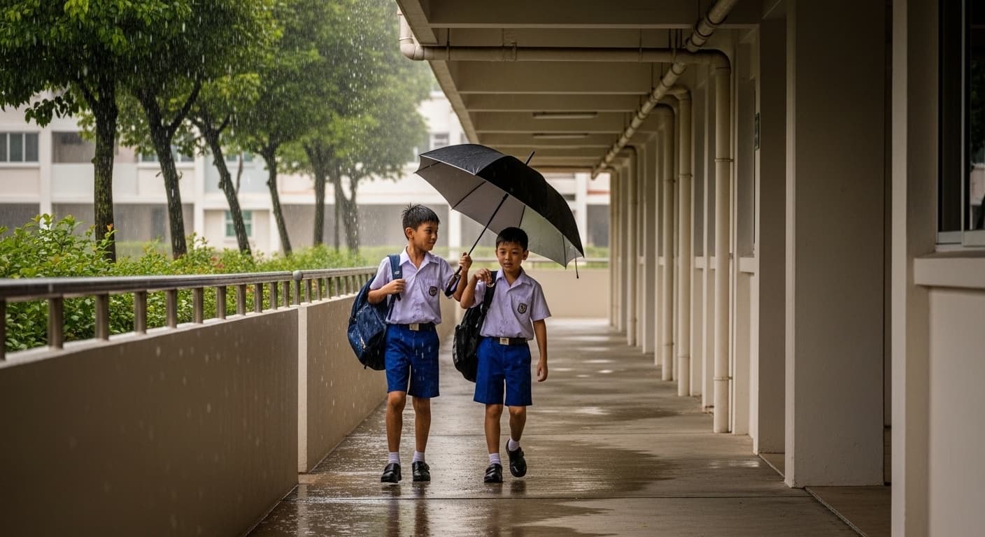 Photograph stimulus: Two boys walking together along a covered walkway beside a school building while heavy rain falls outside.