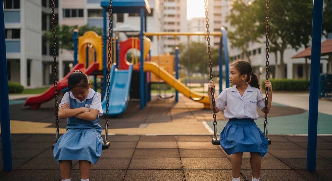 Photograph stimulus: Two girls sitting on separate swings at a neighbourhood playground in the late afternoon.