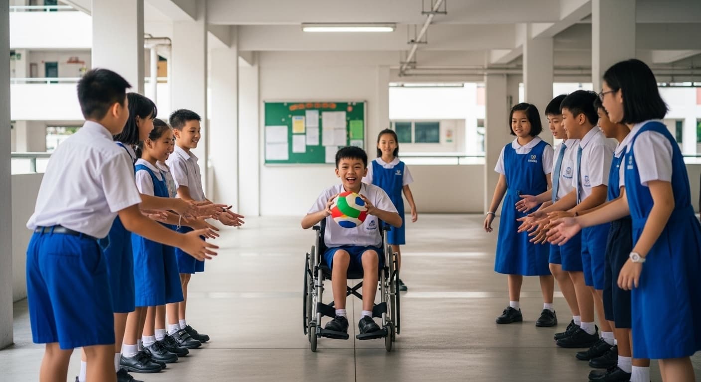 Photograph stimulus: A group of primary school children playing a ball game together at the void deck of a block of flats.