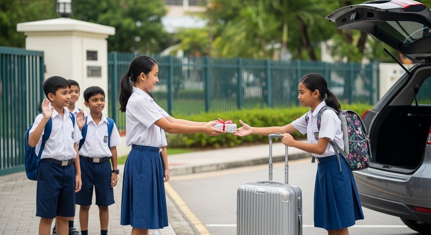 Photograph stimulus: A group of students outside a school gate in the afternoon.