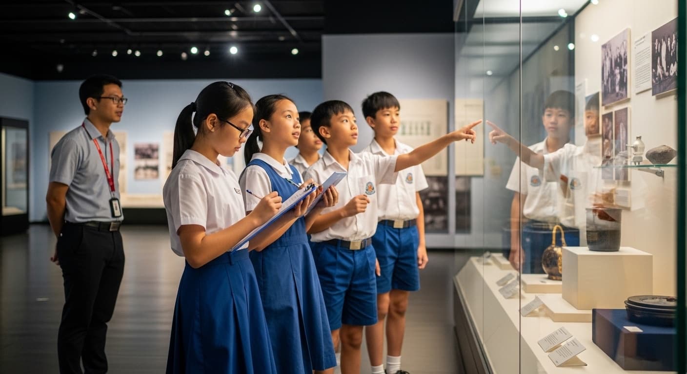 Photograph stimulus: A group of primary school students on a visit to a museum.