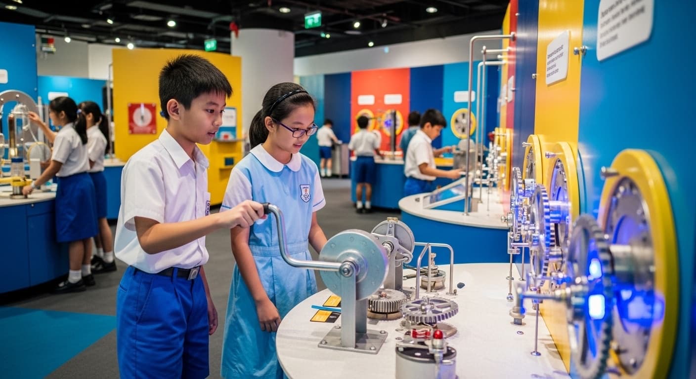 Photograph stimulus: Two primary school students using a hands-on exhibit at a science centre.