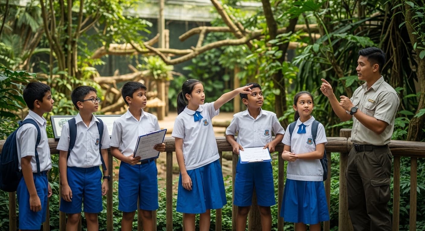 Photograph stimulus: A group of primary school students standing at a wooden railing during a visit to a zoo.