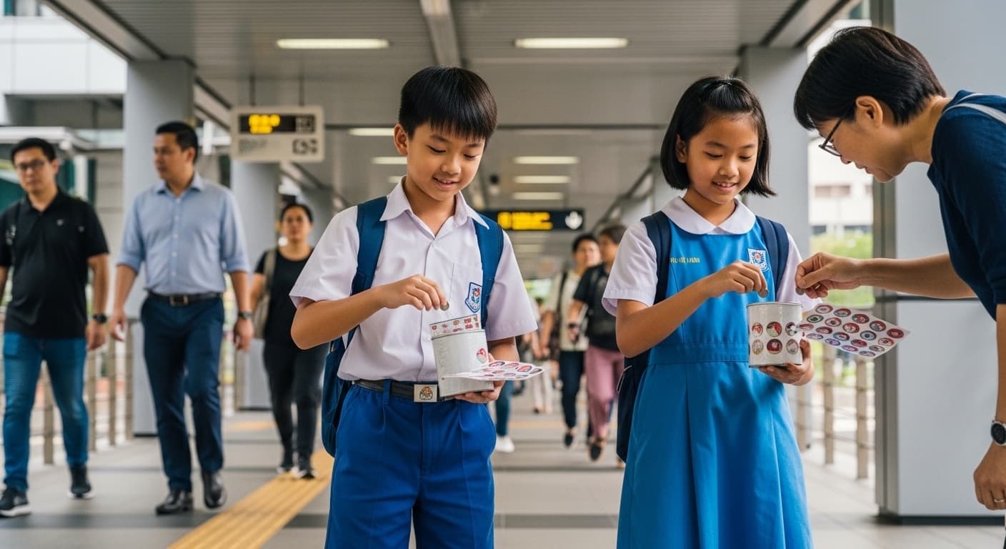 Photograph stimulus: Two primary school students standing in the walkway of an MRT station.