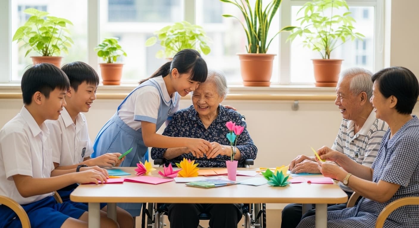 Photograph stimulus: Primary school students visiting an elderly care home.