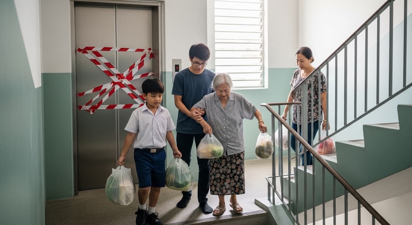 Photograph stimulus: Four people on the landing of a stairwell in a block of flats.