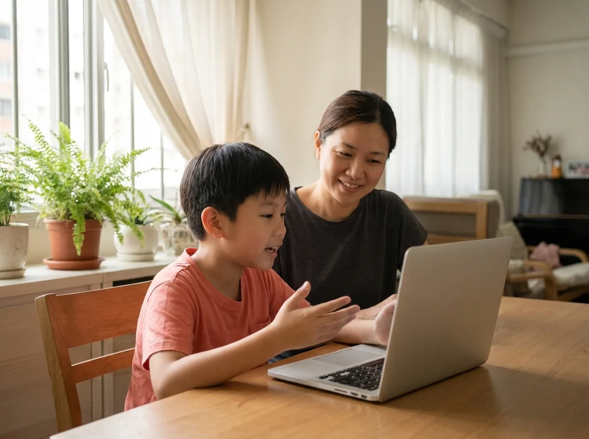 A parent and their child at the dining table at home, the child speaking into a laptop.